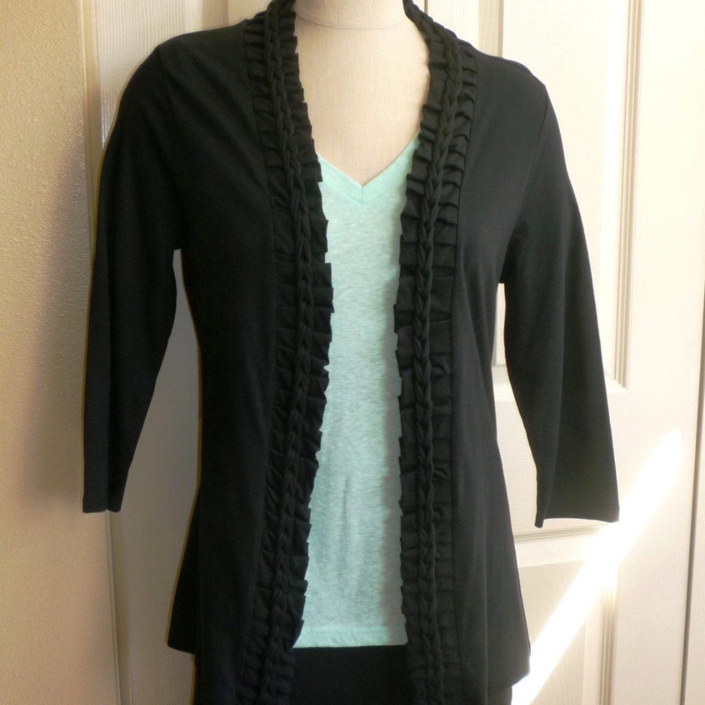 Coldwater Creek Black Open Ruffle Front Jacket